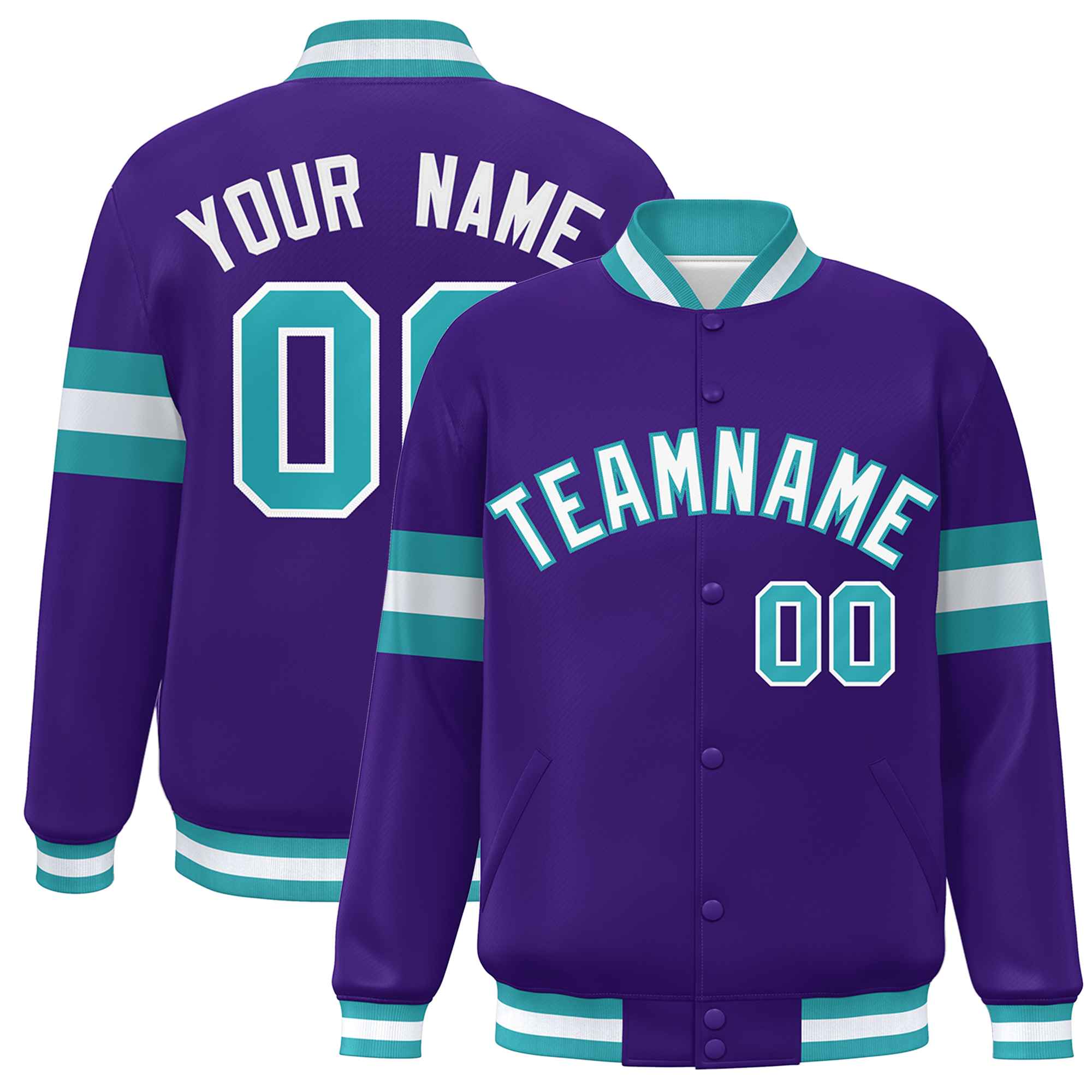 Custom Purple White-Aqua Color Block Bomber Varsity Full-Snap Baseball Jacket