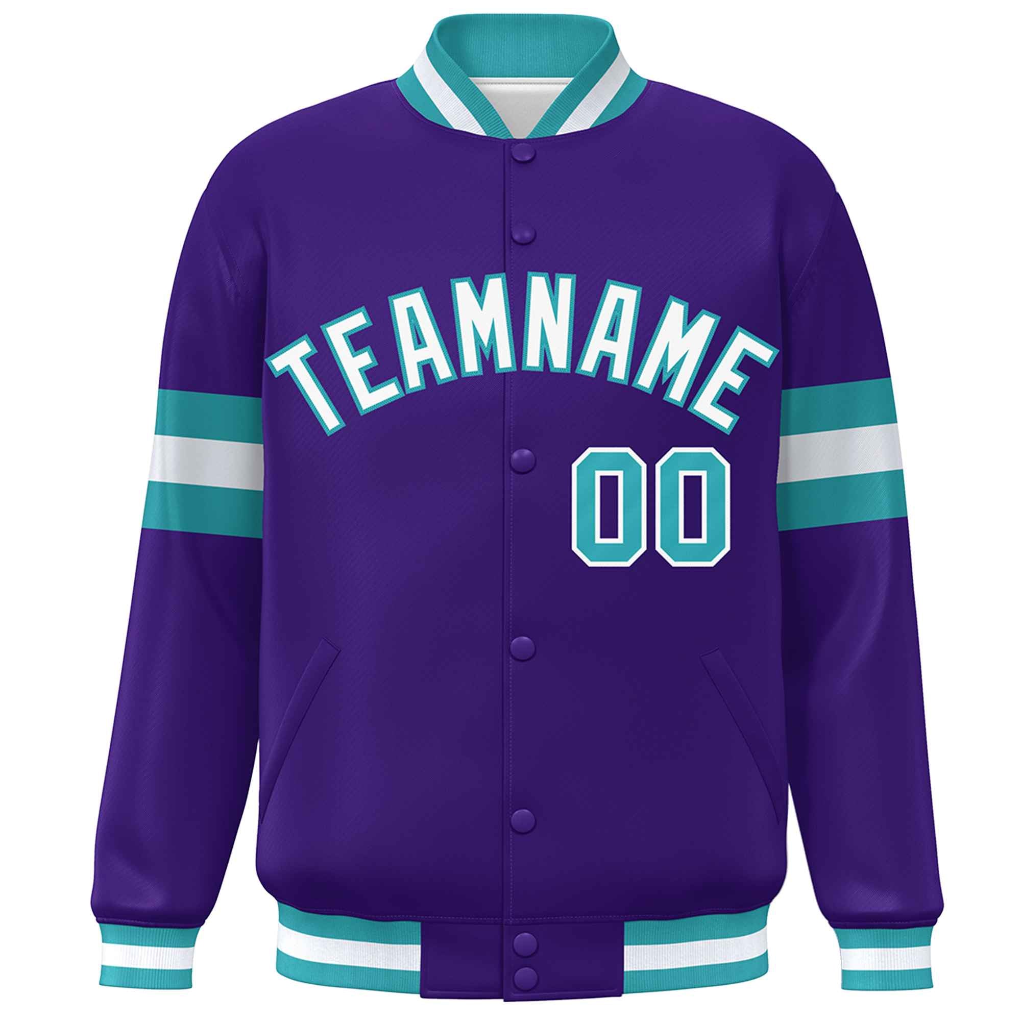 Custom Purple White-Aqua Color Block Bomber Varsity Full-Snap Baseball Jacket