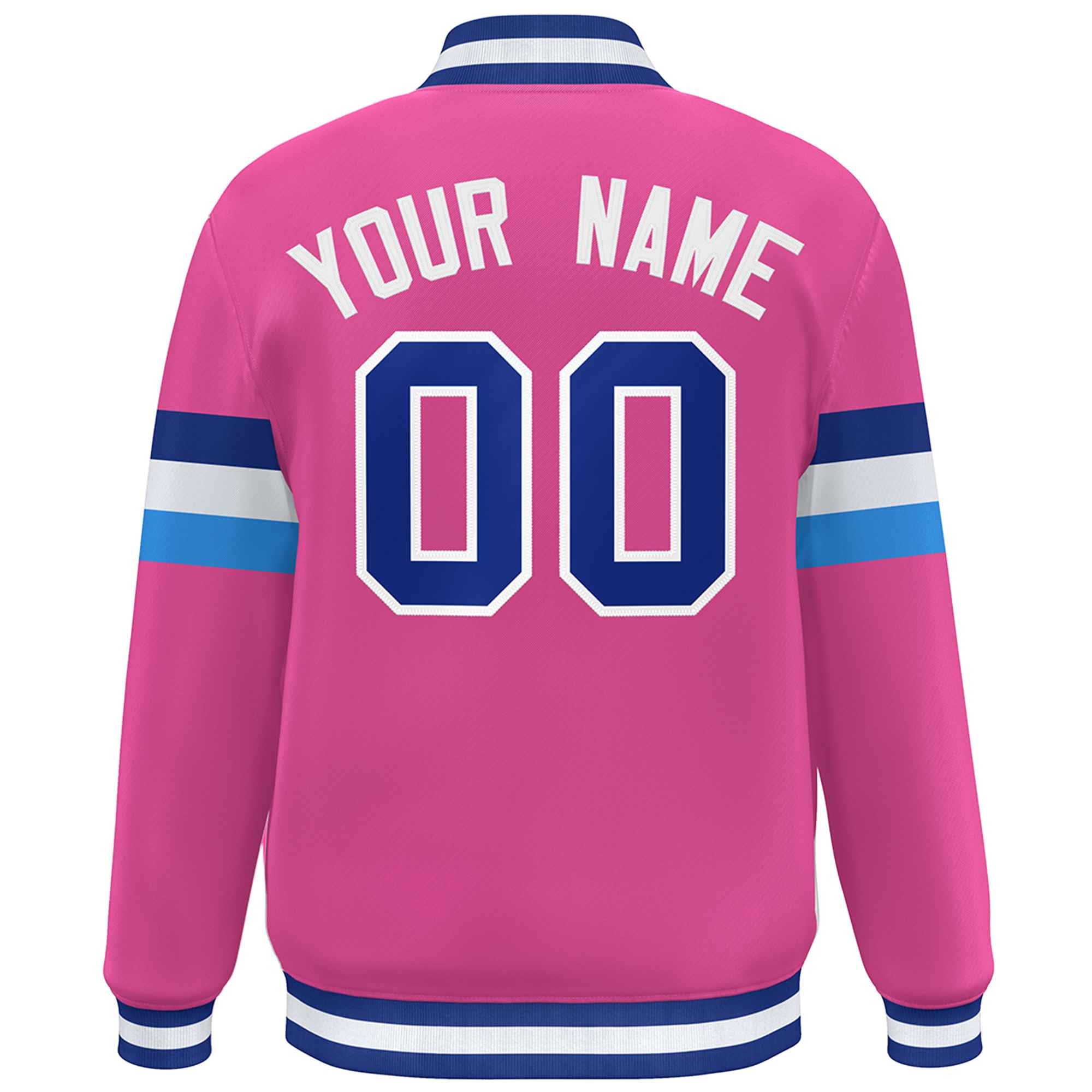 Custom Pink Royal-White Color Block Bomber Varsity Full-Snap Baseball Jacket