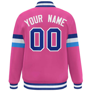 Custom Pink Royal-White Color Block Bomber Varsity Full-Snap Baseball Jacket