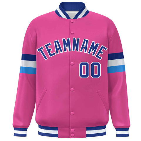 Custom Pink Royal-White Color Block Bomber Varsity Full-Snap Baseball Jacket