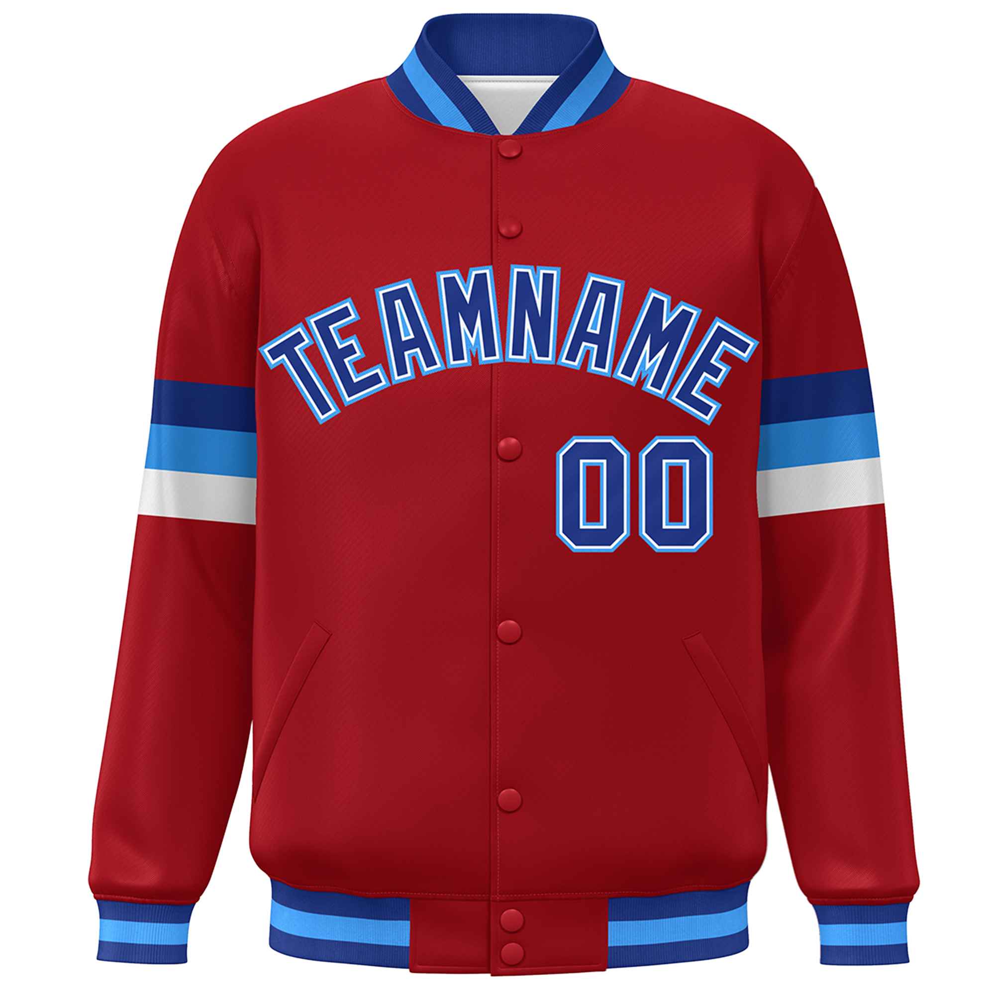 Custom Red Royal-Powder Blue Color Block Bomber Varsity Full-Snap Baseball Jacket