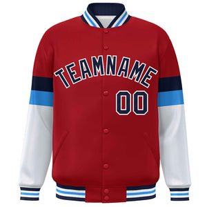 Custom Red Navy-White Color Block Bomber Varsity Full-Snap Baseball Jacket