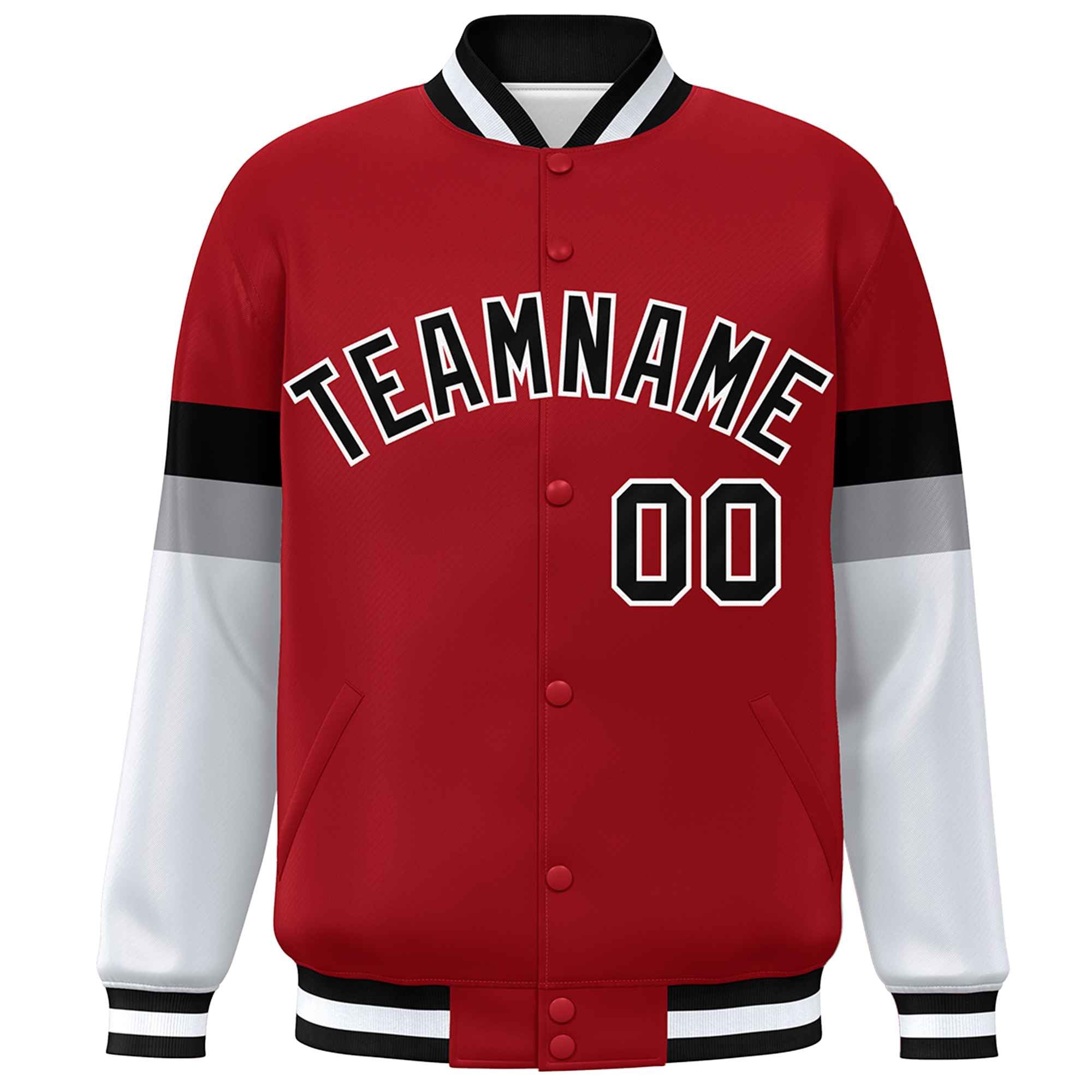 Custom Red Black-White Color Block Bomber Varsity Full-Snap Baseball Jacket