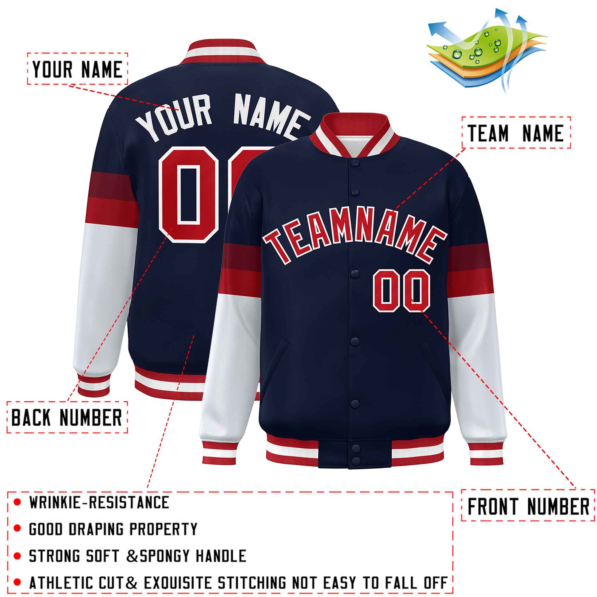 Custom Navy Red-White Color Block Bomber Varsity Full-Snap Baseball Jacket