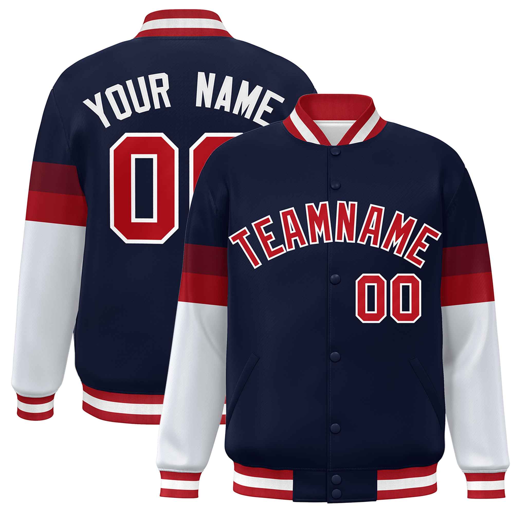 Custom Navy Red-White Color Block Bomber Varsity Full-Snap Baseball Jacket