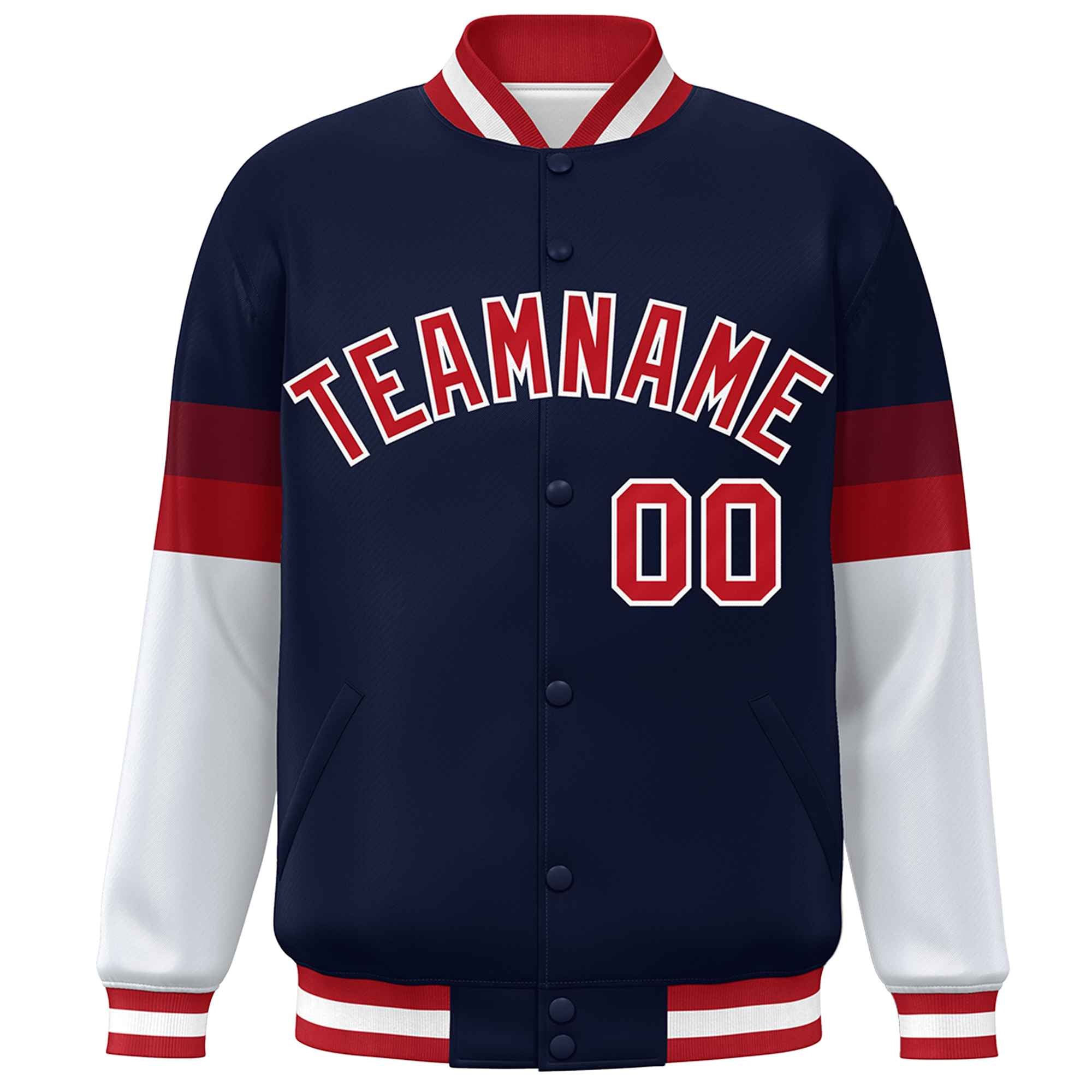 Custom Navy Red-White Color Block Bomber Varsity Full-Snap Baseball Jacket