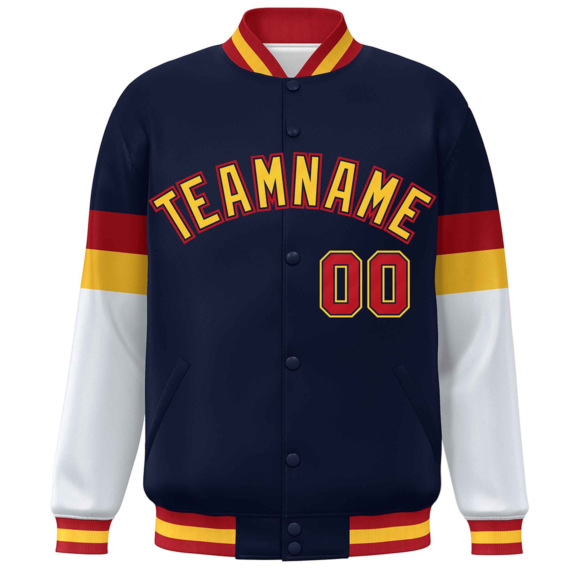 Custom Navy Gold-Red Color Block Bomber Varsity Full-Snap Baseball Jacket