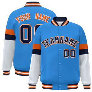 Custom Powder Blue Navy-Orange Color Block Bomber Varsity Full-Snap Baseball Jacket