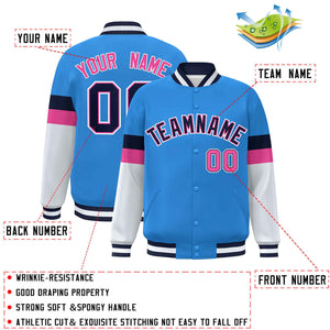 Custom Powder Blue Navy-White Color Block Bomber Varsity Full-Snap Baseball Jacket