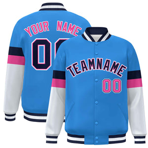 Custom Powder Blue Navy-White Color Block Bomber Varsity Full-Snap Baseball Jacket