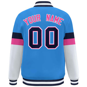 Custom Powder Blue Navy-White Color Block Bomber Varsity Full-Snap Baseball Jacket