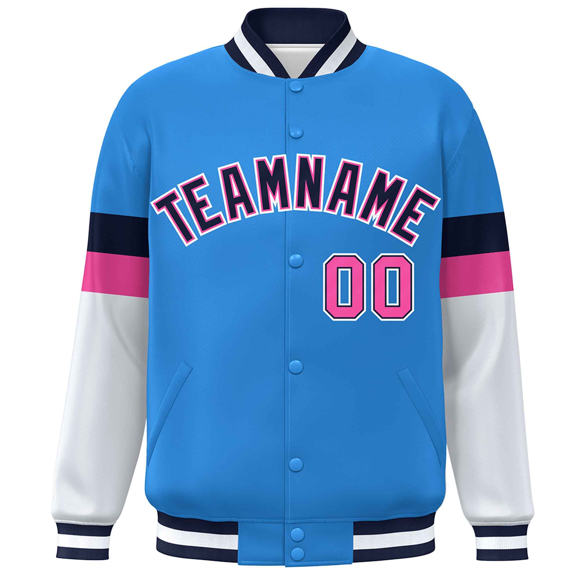 Custom Powder Blue Navy-White Color Block Bomber Varsity Full-Snap Baseball Jacket