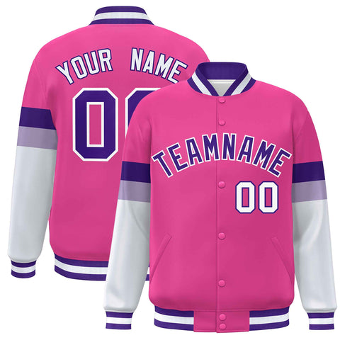 Custom Pink Purple-White Color Block Bomber Varsity Full-Snap Baseball Jacket