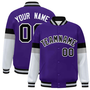 Custom Purple Black-White Color Block Bomber Varsity Full-Snap Baseball Jacket