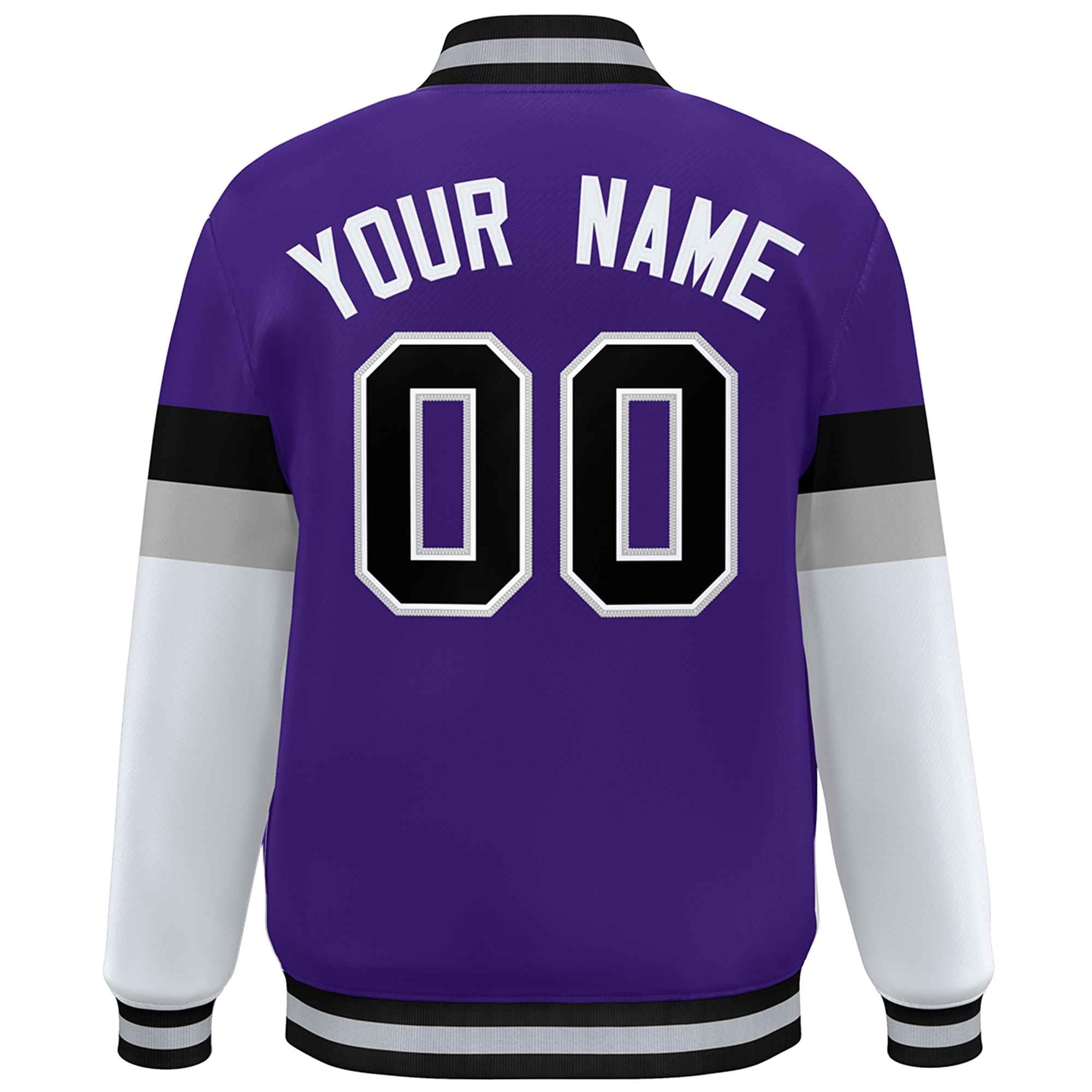 Custom Purple Black-White Color Block Bomber Varsity Full-Snap Baseball Jacket