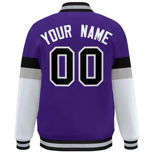 Custom Purple Black-White Color Block Bomber Varsity Full-Snap Baseball Jacket