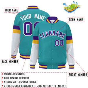 Custom Aqua Purple-White Color Block Bomber Varsity Full-Snap Baseball Jacket