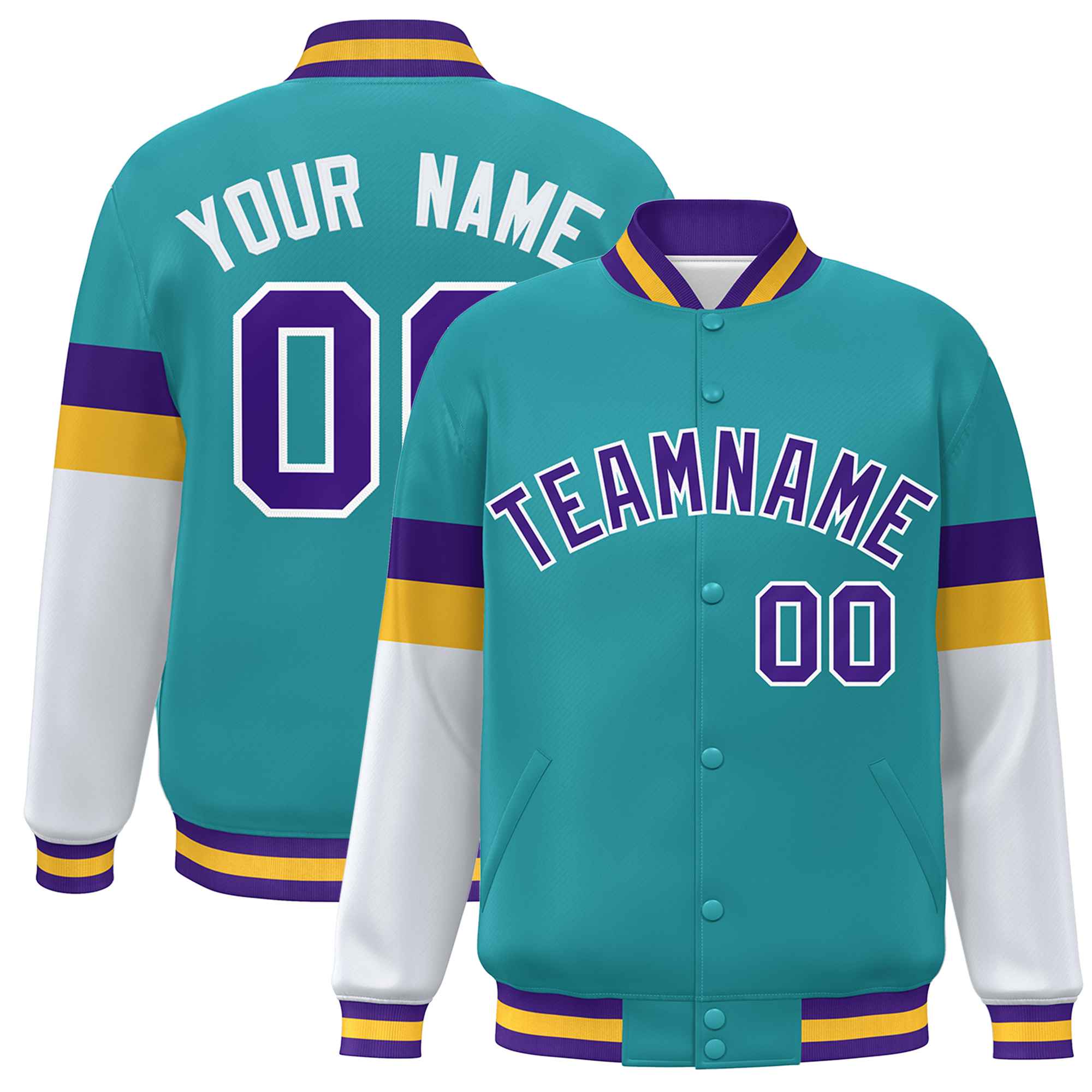 Custom Aqua Purple-White Color Block Bomber Varsity Full-Snap Baseball Jacket