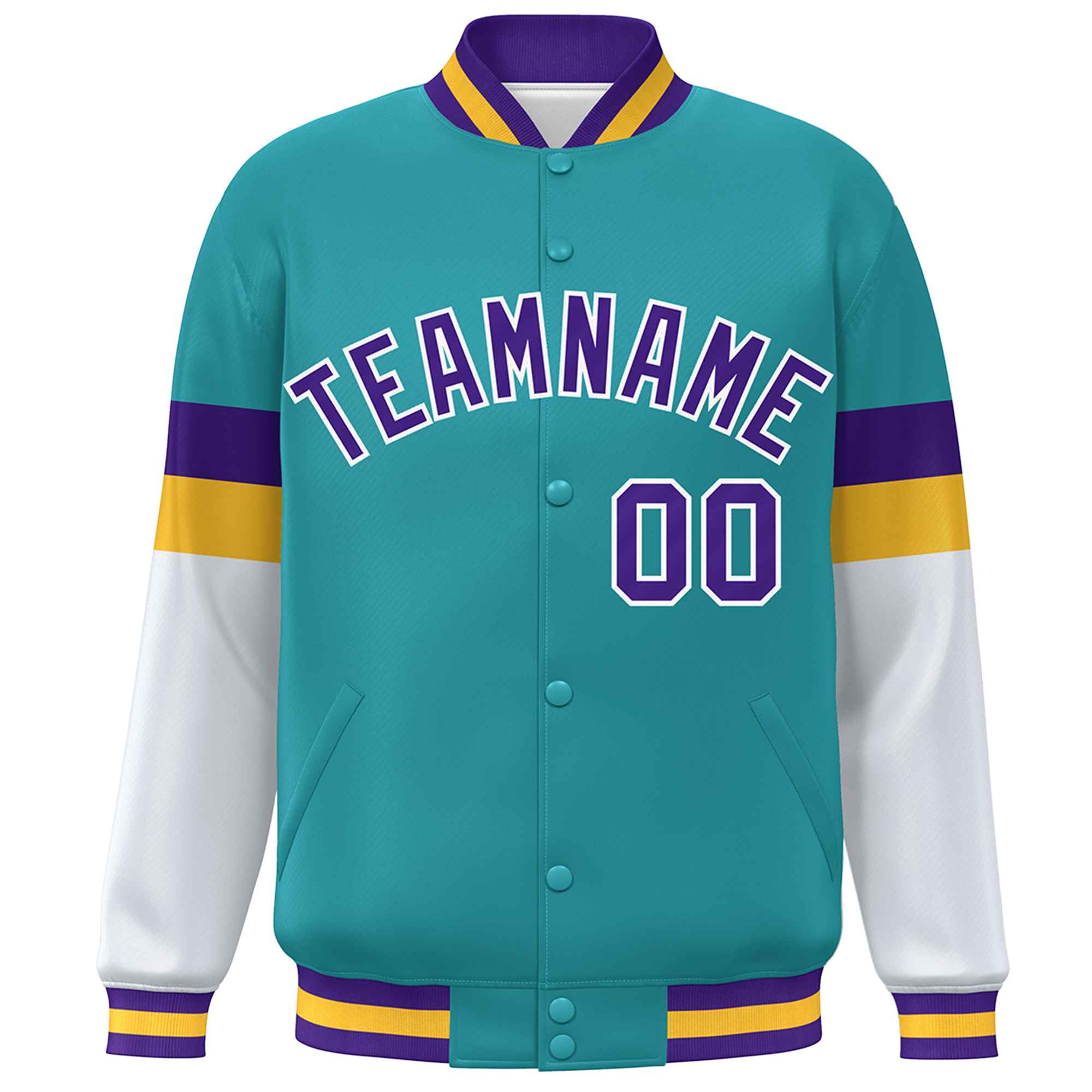 Custom Aqua Purple-White Color Block Bomber Varsity Full-Snap Baseball Jacket