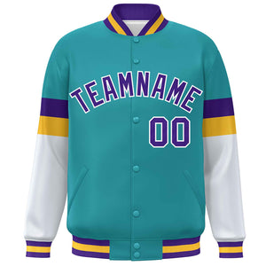 Custom Aqua Purple-White Color Block Bomber Varsity Full-Snap Baseball Jacket