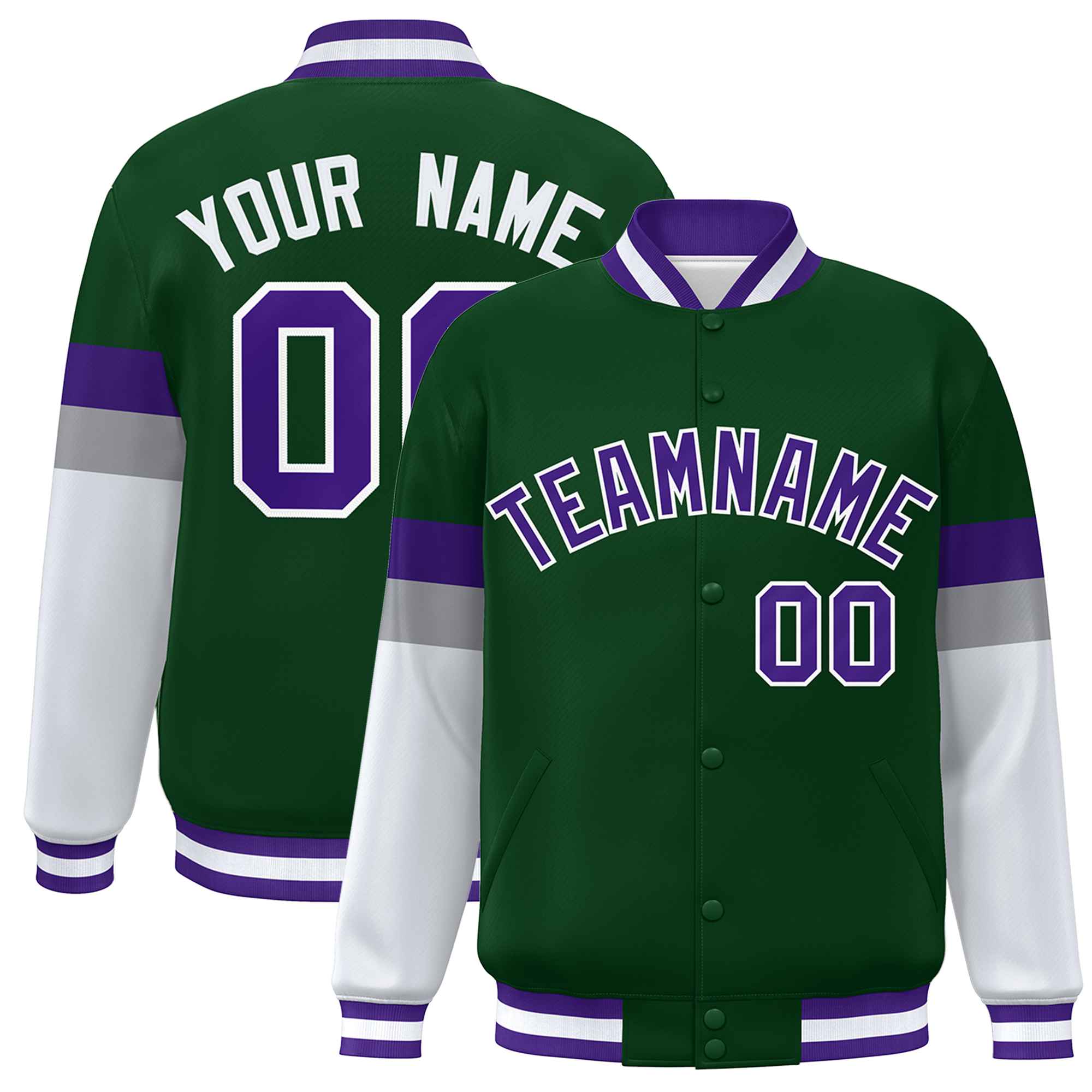 Custom Green Purple-White Color Block Bomber Varsity Full-Snap Baseball Jacket