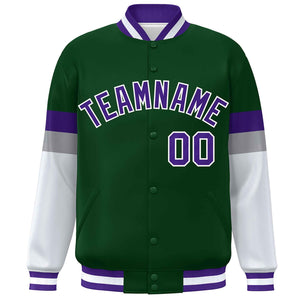 Custom Green Purple-White Color Block Bomber Varsity Full-Snap Baseball Jacket