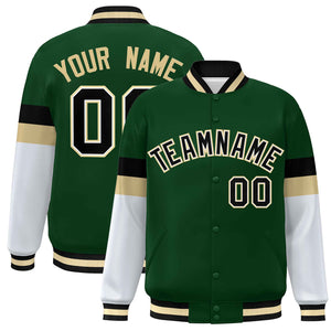 Custom Green Black-Khaki Color Block Bomber Varsity Full-Snap Baseball Jacket