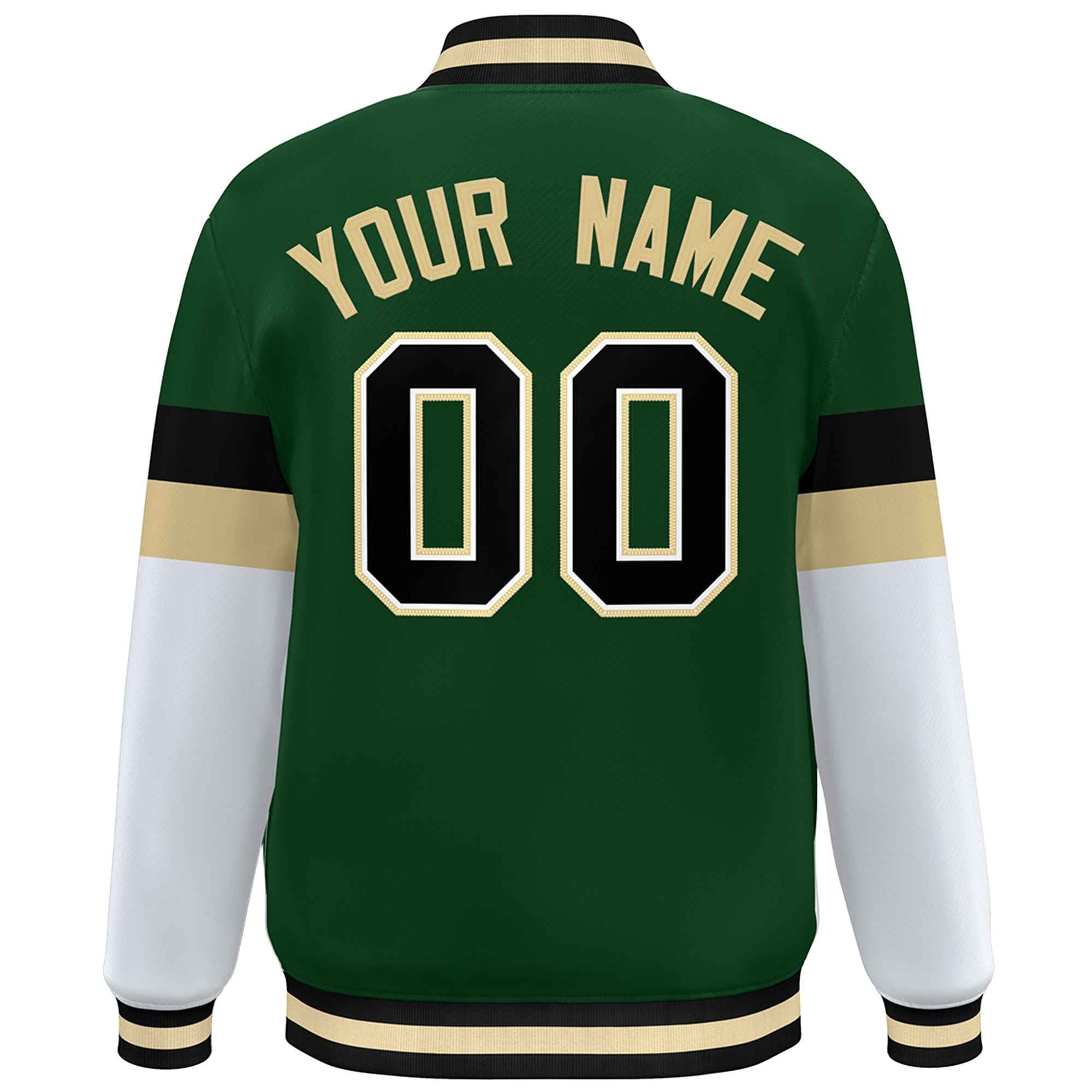 Custom Green Black-Khaki Color Block Bomber Varsity Full-Snap Baseball Jacket