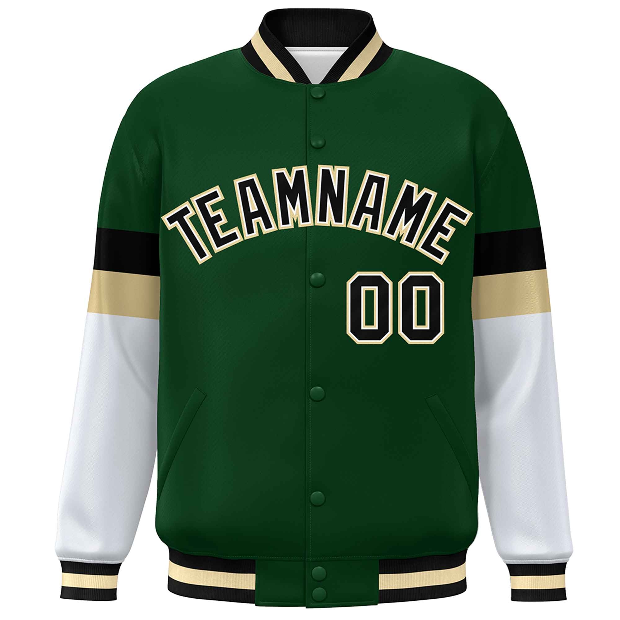 Custom Green Black-Khaki Color Block Bomber Varsity Full-Snap Baseball Jacket