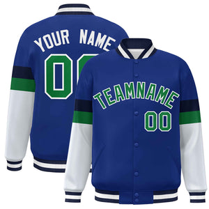 Custom Royal Kelly Green-White Color Block Bomber Varsity Full-Snap Baseball Jacket