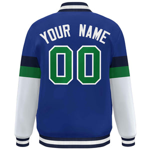 Custom Royal Kelly Green-White Color Block Bomber Varsity Full-Snap Baseball Jacket