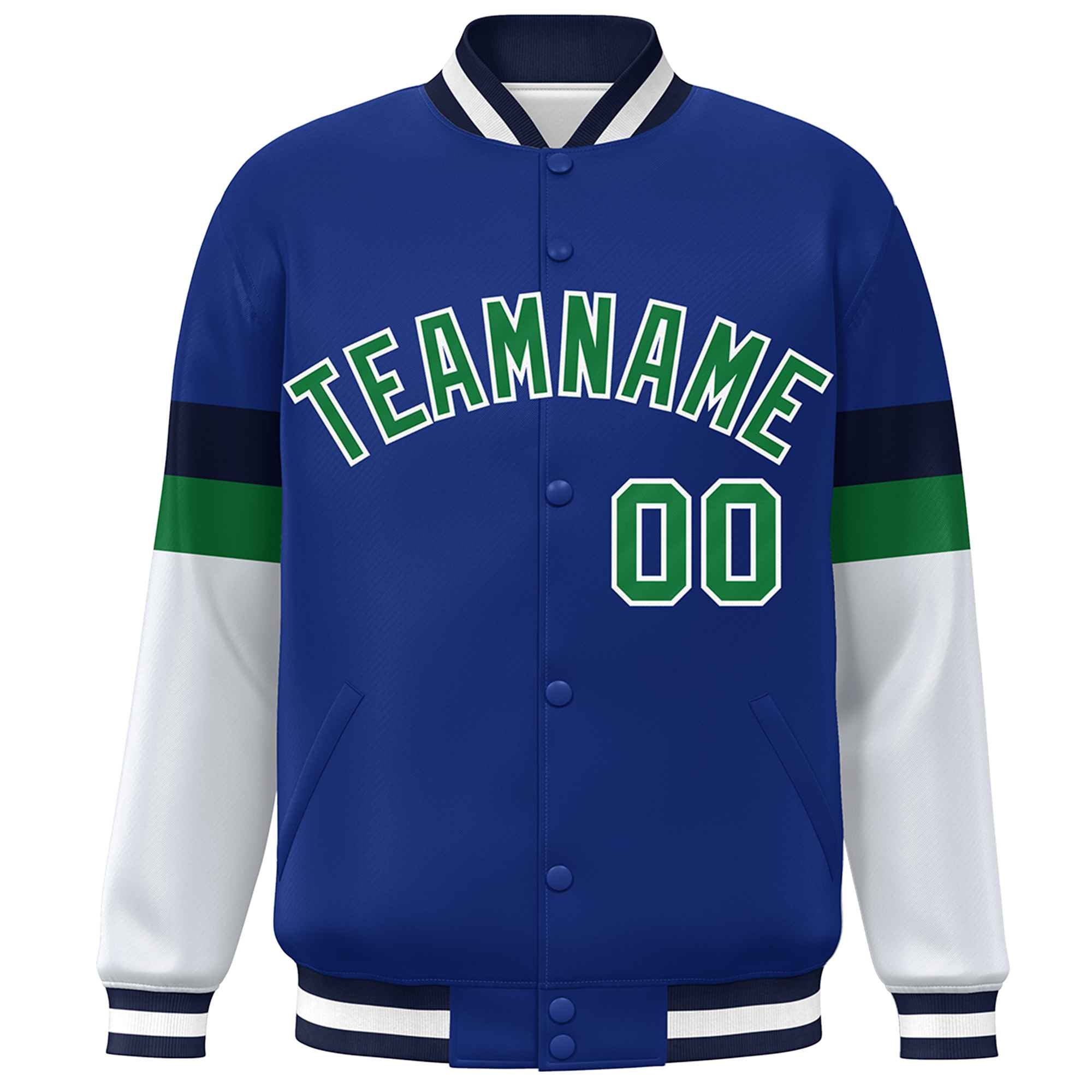 Custom Royal Kelly Green-White Color Block Bomber Varsity Full-Snap Baseball Jacket