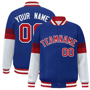 Custom Royal Red-White Color Block Bomber Varsity Full-Snap Baseball Jacket