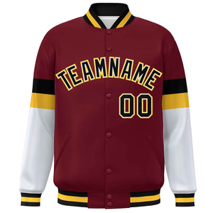 Custom Crimson Black-Gold Color Block Bomber Varsity Full-Snap Baseball Jacket