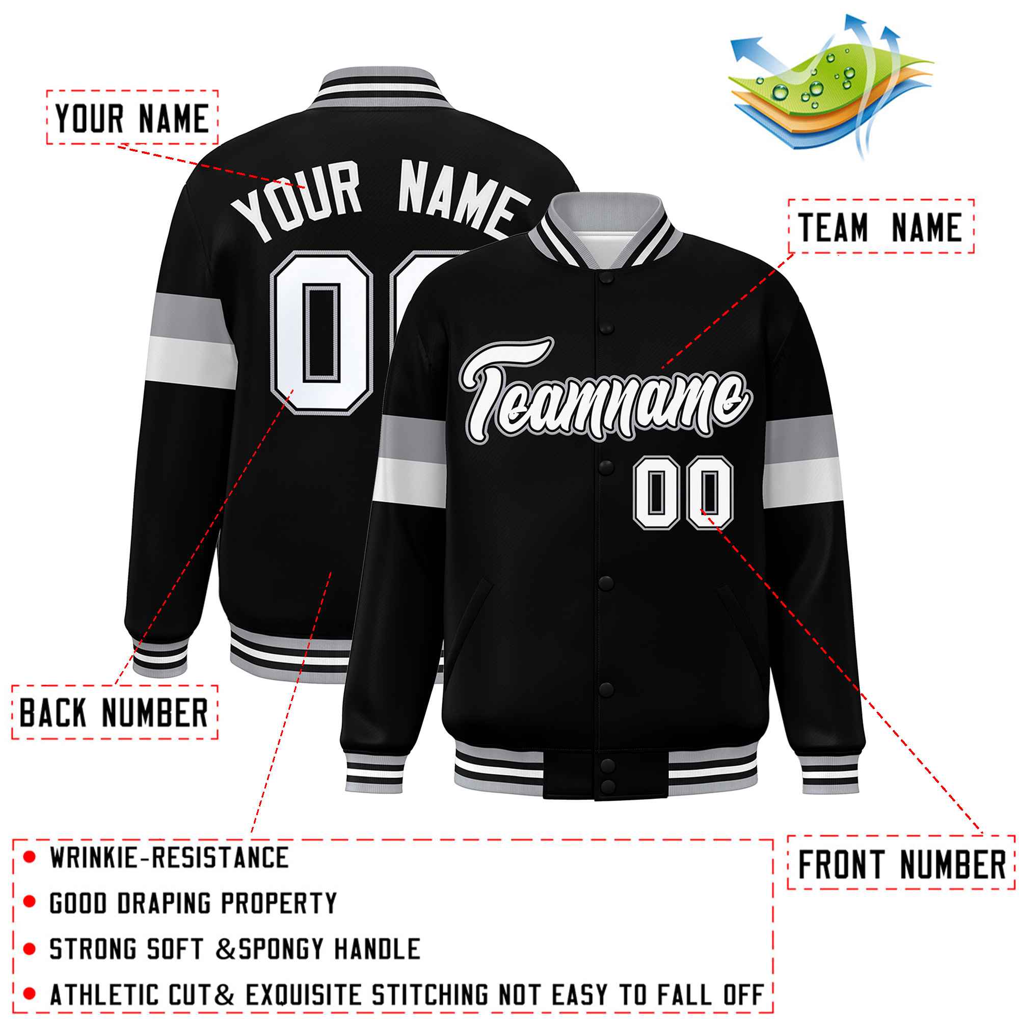 Custom Black White-Gray Color Block Bomber Varsity Full-Snap Baseball Jacket