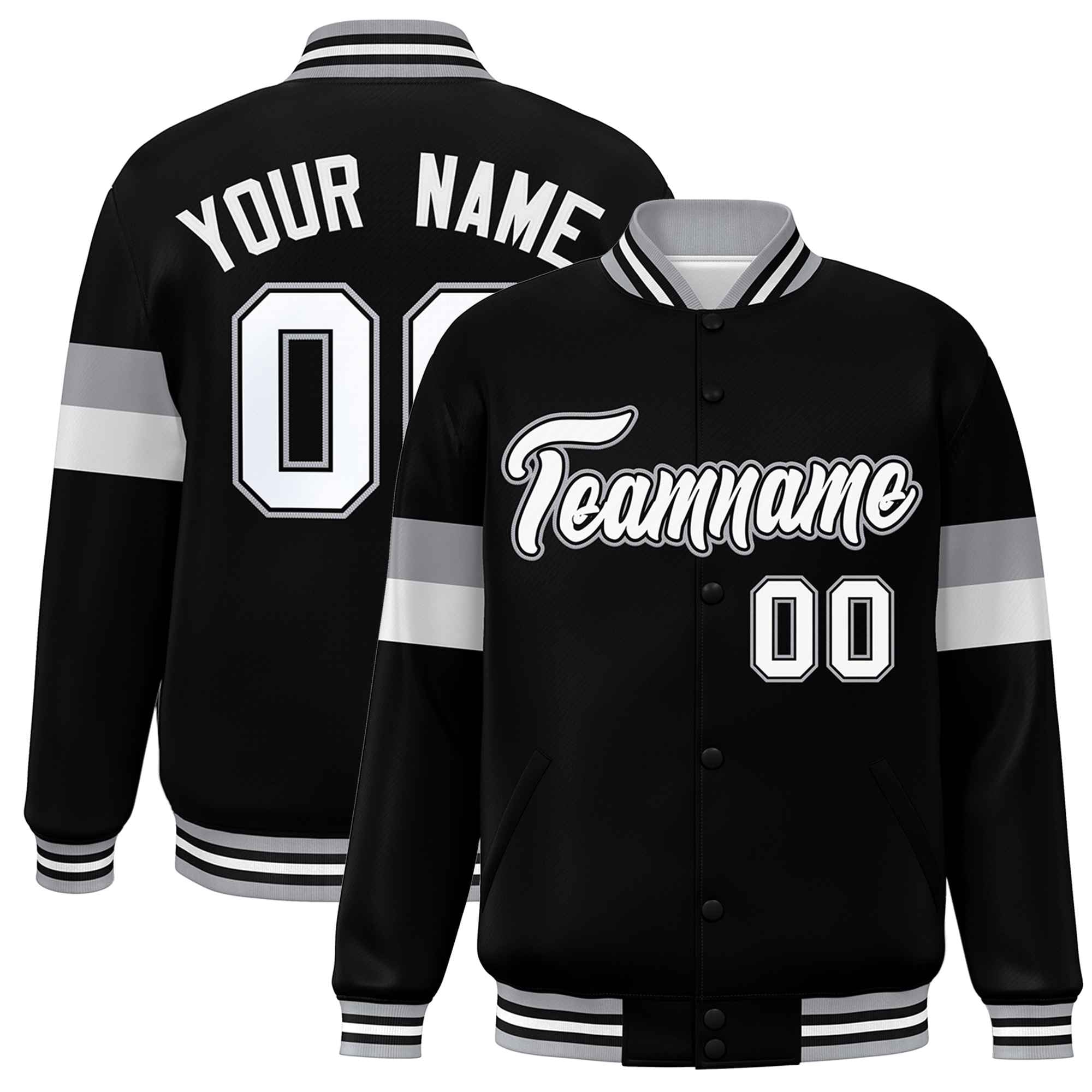 Custom Black White-Gray Color Block Bomber Varsity Full-Snap Baseball Jacket