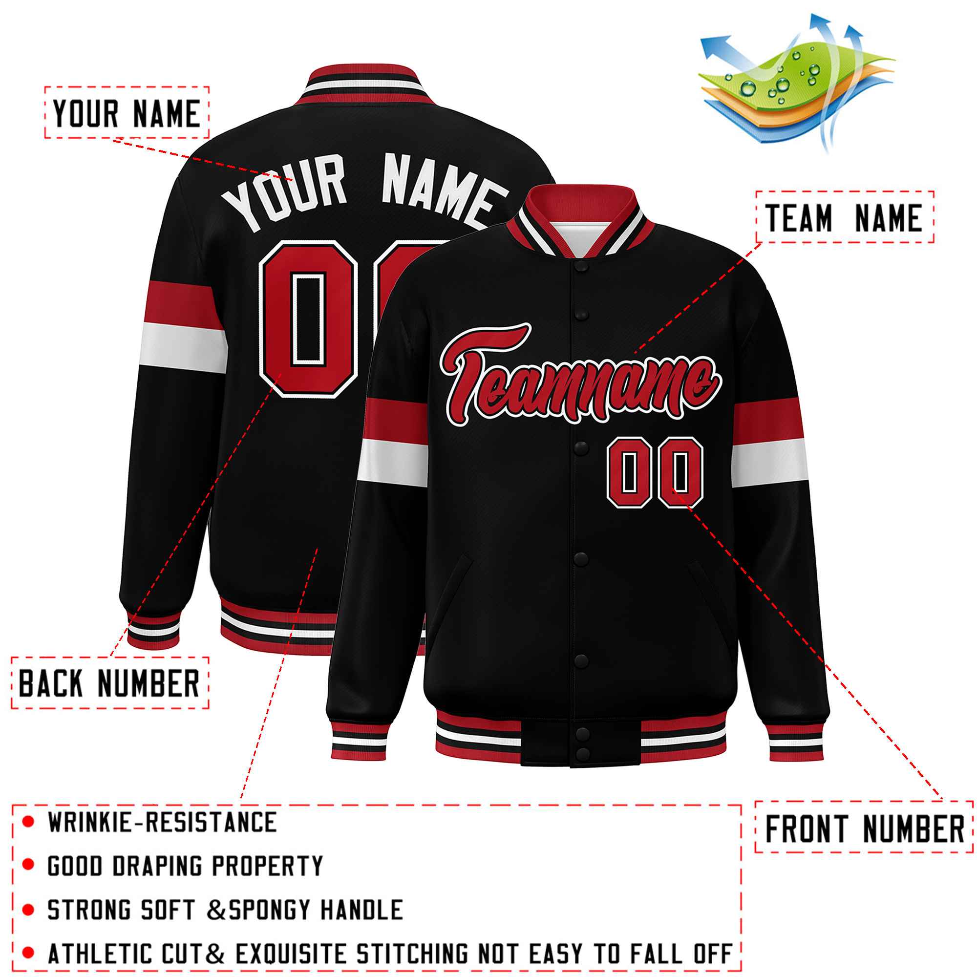 Custom Black Red-White Color Block Bomber Varsity Full-Snap Baseball Jacket