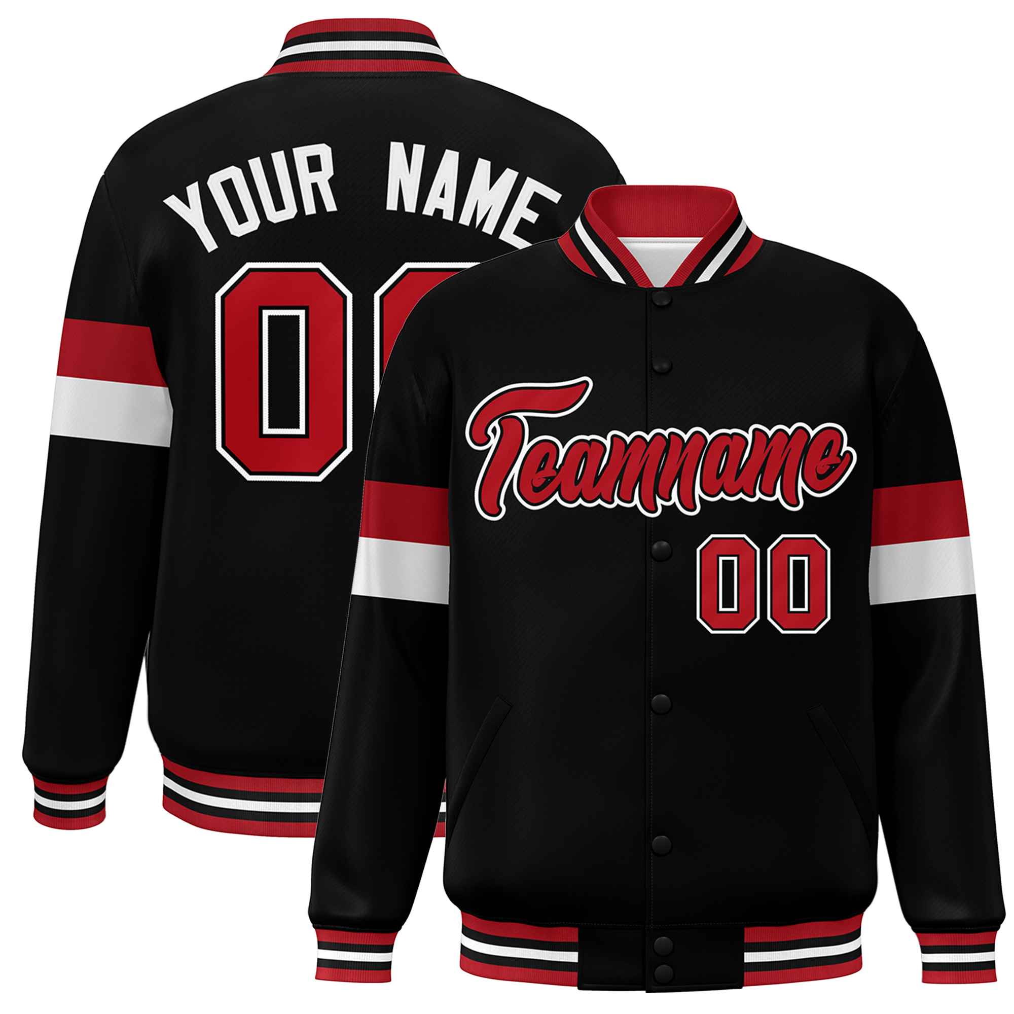 Custom Black Red-White Color Block Bomber Varsity Full-Snap Baseball Jacket