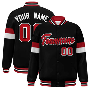 Custom Black Red-White Color Block Bomber Varsity Full-Snap Baseball Jacket