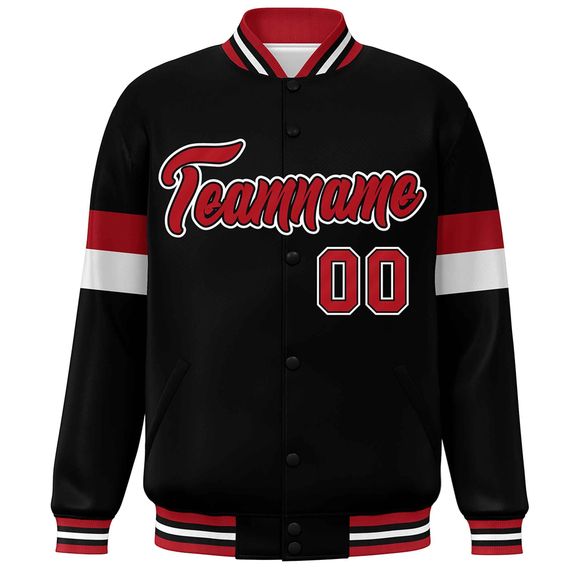 Custom Black Red-White Color Block Bomber Varsity Full-Snap Baseball Jacket