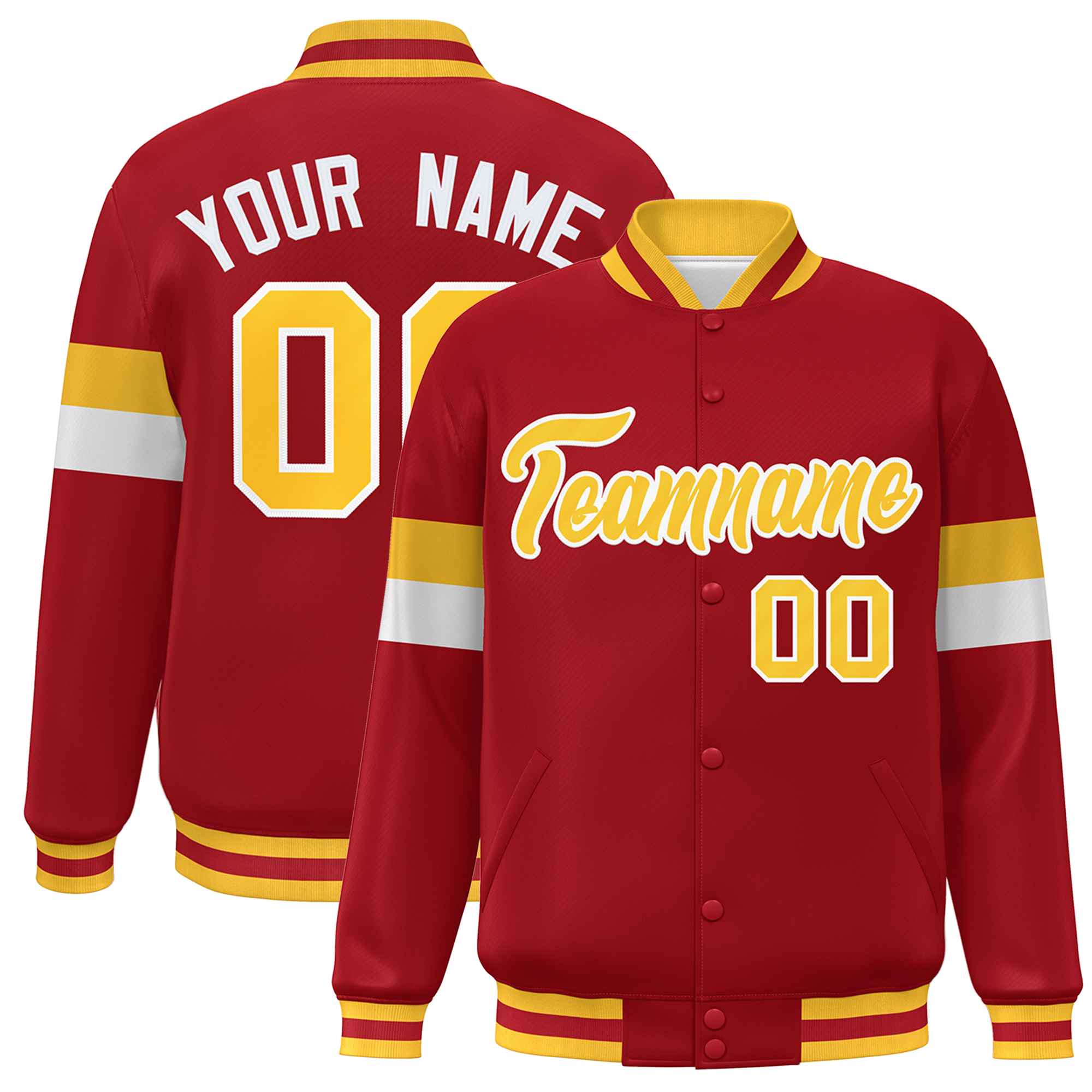 Custom Red Gold-White Color Block Bomber Varsity Full-Snap Baseball Jacket