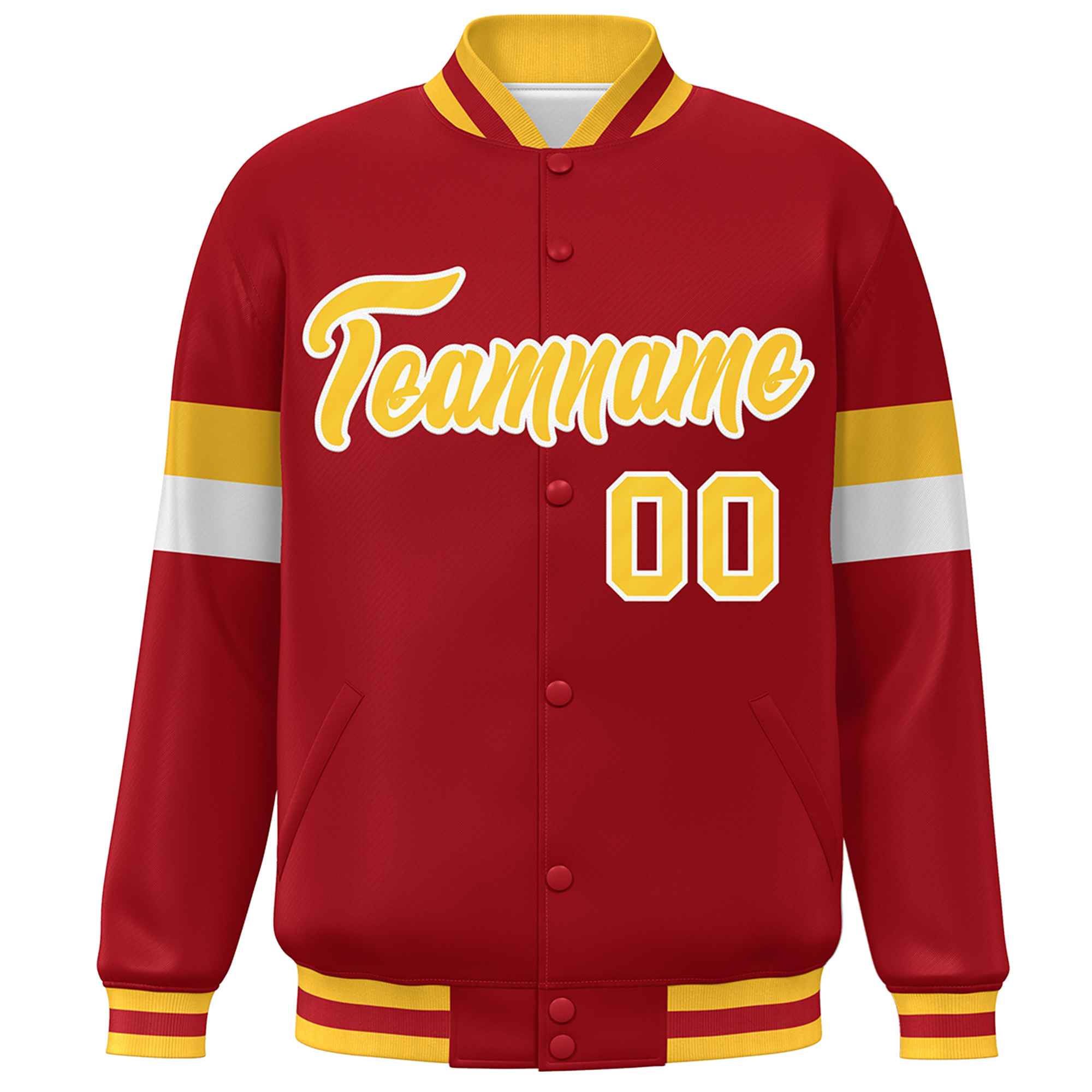 Custom Red Gold-White Color Block Bomber Varsity Full-Snap Baseball Jacket