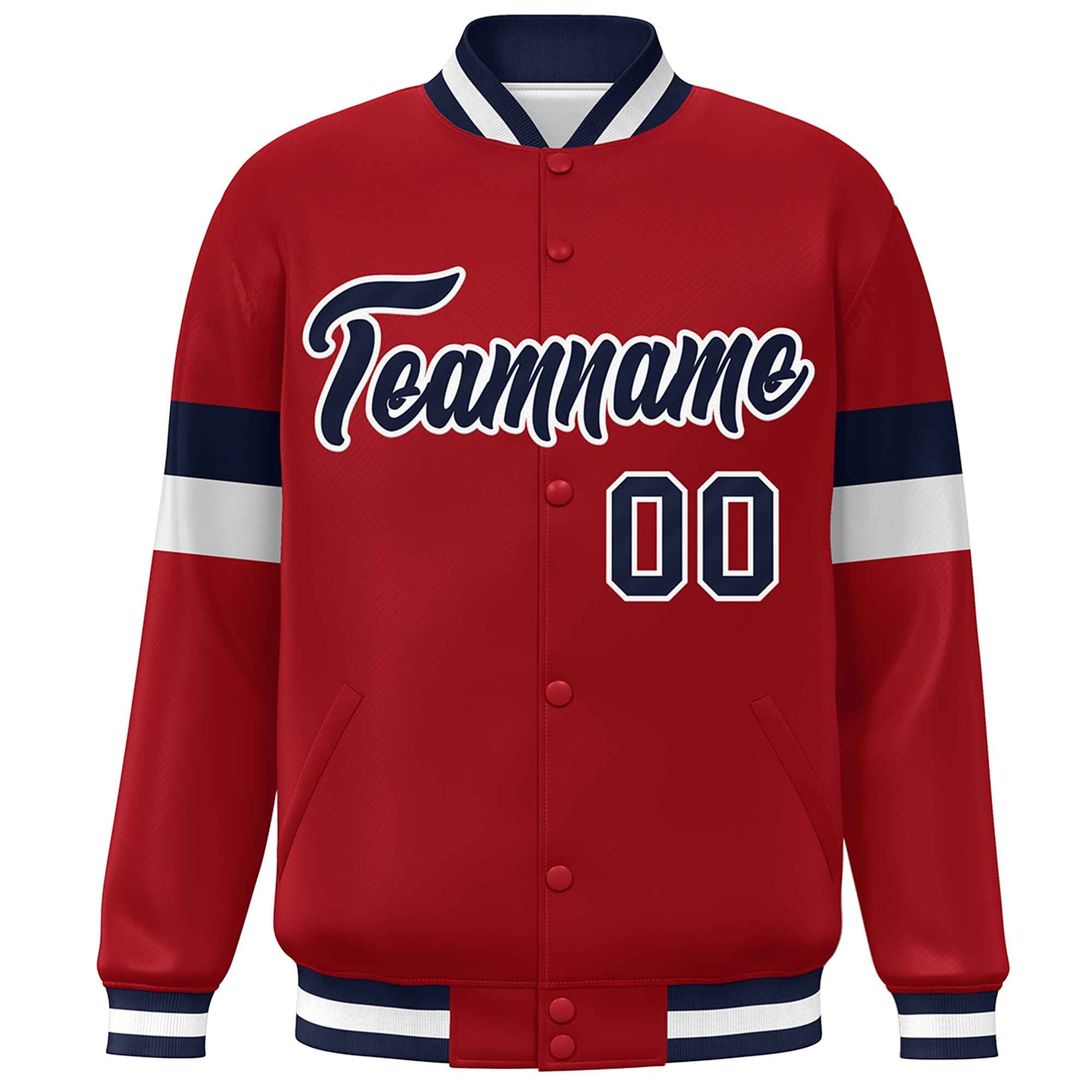 Custom Red Navy-White Color Block Bomber Varsity Full-Snap Baseball Jacket