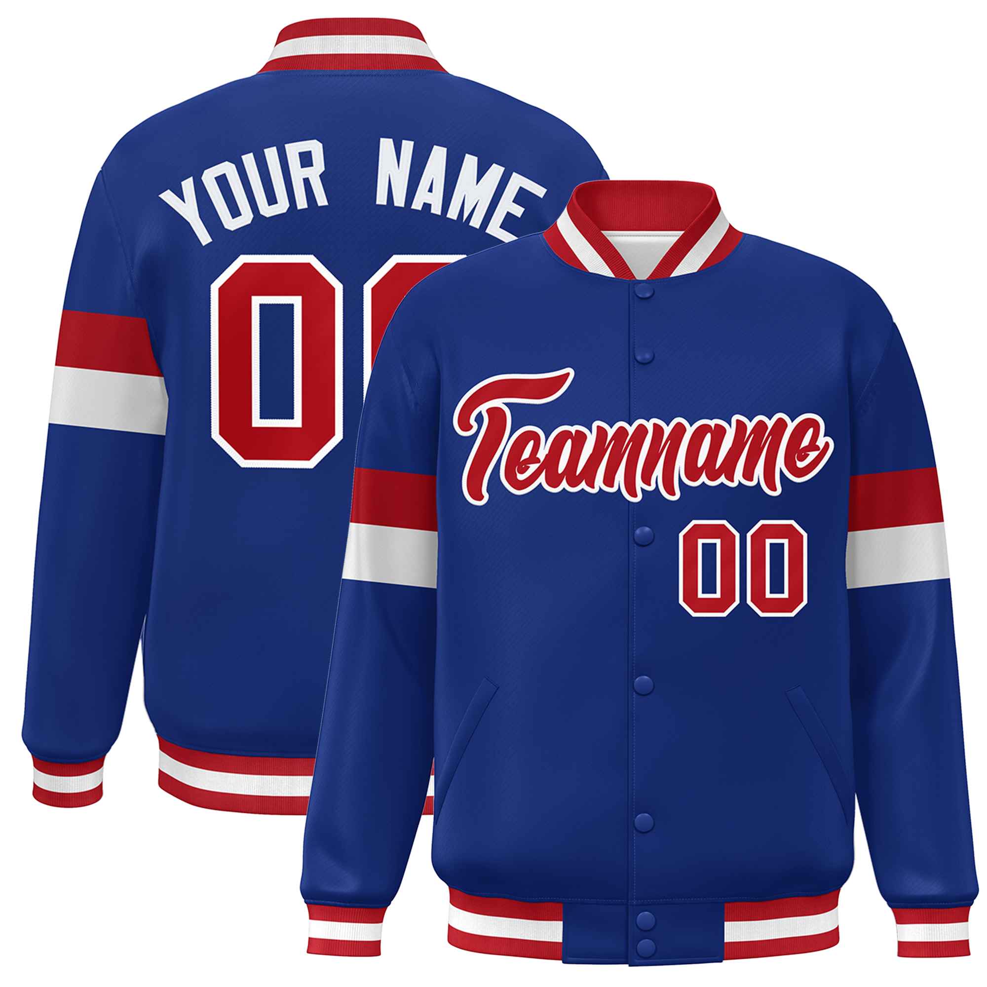 Custom Royal Red-White Color Block Bomber Varsity Full-Snap Baseball Jacket