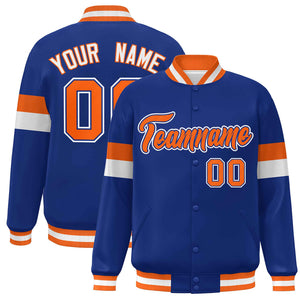 Custom Royal Orange-White Color Block Bomber Varsity Full-Snap Baseball Jacket