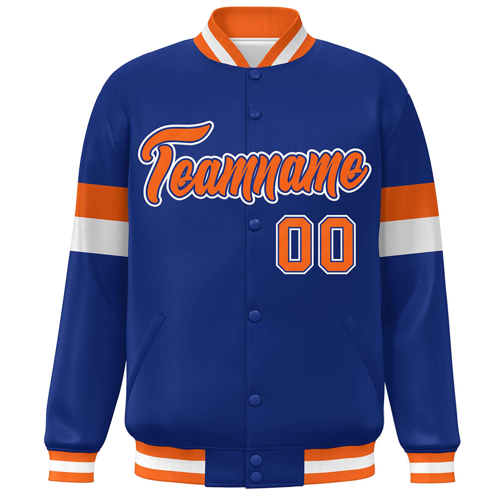 Custom Royal Orange-White Color Block Bomber Varsity Full-Snap Baseball Jacket