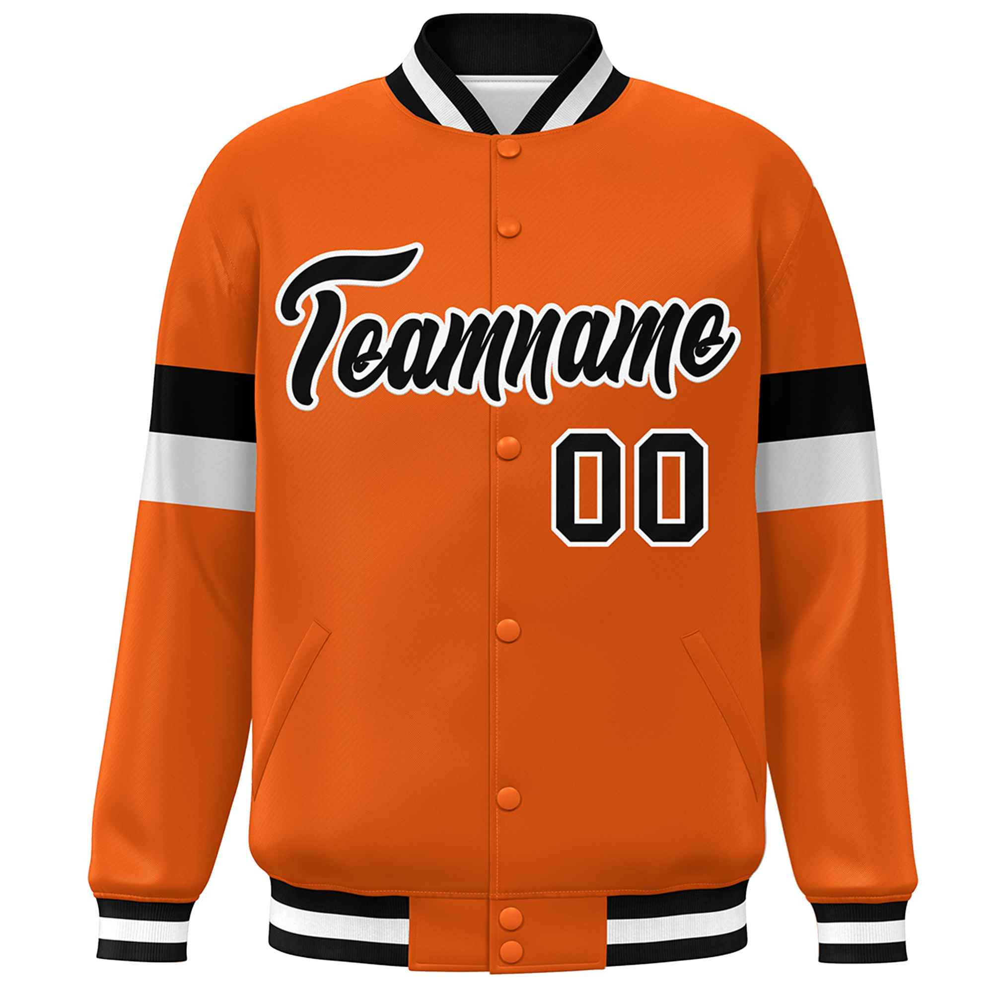 Custom Orange Black-White Color Block Bomber Varsity Full-Snap Baseball Jacket