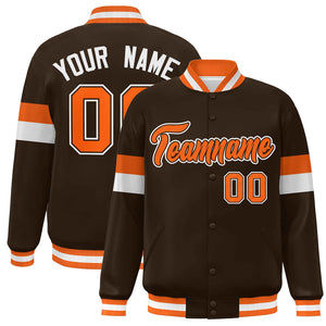 Custom Brown Orange-White Color Block Bomber Varsity Full-Snap Baseball Jacket