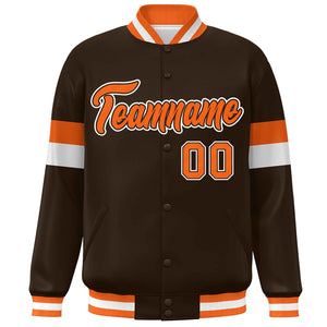 Custom Brown Orange-White Color Block Bomber Varsity Full-Snap Baseball Jacket